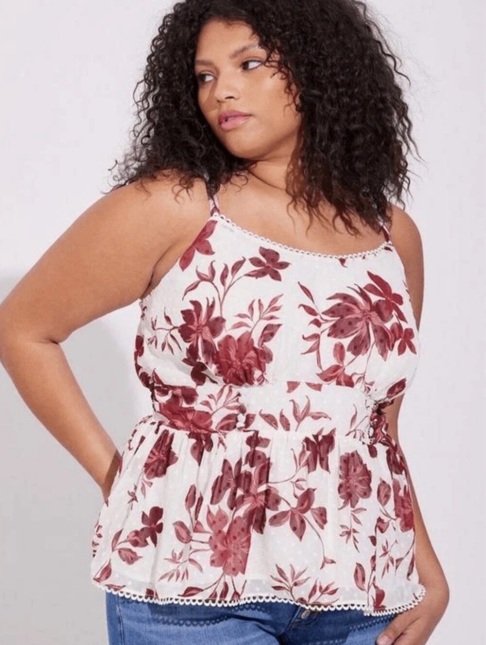 NWT Torrid | Peplum Clip Dot Shirred Bust Lace Trim Top Floral Women 2 2X 18-20